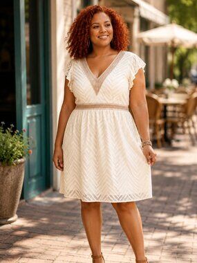 Boho Cream Chevron Lace Midi Dress | Stretch Back | Flutter Sleeve